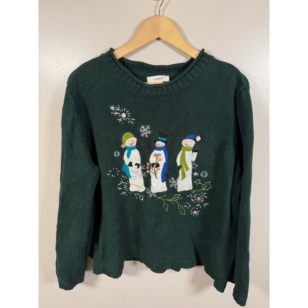 CJ banks Snowman Sweater 1X Green Embroidered Holiday Winter Knit Pullover